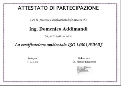 Attestato Esperto ISO14001 EMAS